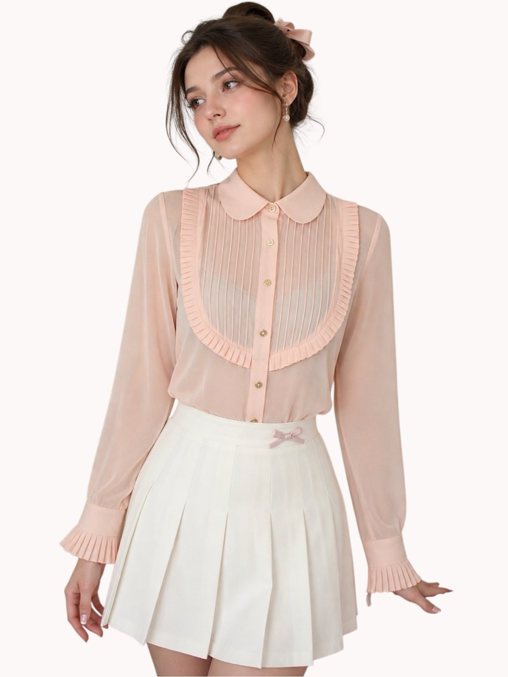 Pink Tartan Blush Pink Pleated Bib Ruffle Blouse Semi-Sheer Peter Pan Collar